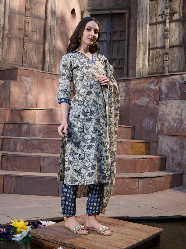 Stylum Women's Blue Ethnic Printed Cotton Blend Straight Kurta Pant Dupatta Set (KPDBLUENATU)