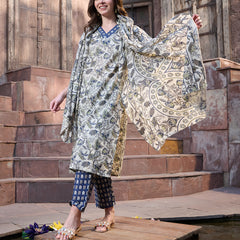 Stylum Women's Blue Ethnic Printed Cotton Blend Straight Kurta Pant Dupatta Set (KPDBLUENATU)