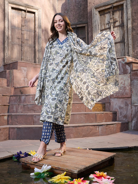 Stylum Women's Blue Ethnic Printed Cotton Blend Straight Kurta Pant Dupatta Set (KPDBLUENATU)