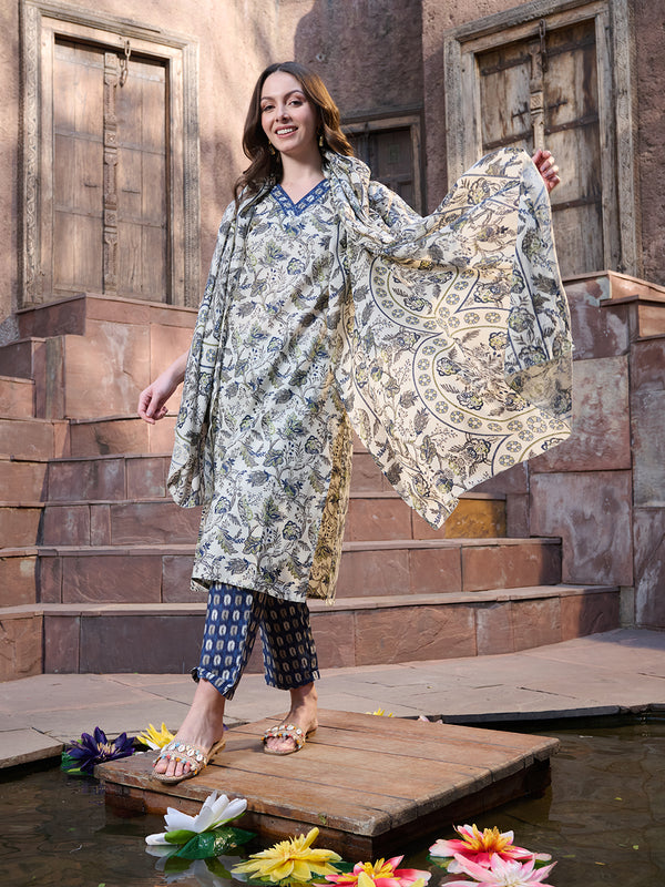 Stylum Women's Blue Ethnic Printed Cotton Blend Straight Kurta Pant Dupatta Set (KPDBLUENATU)