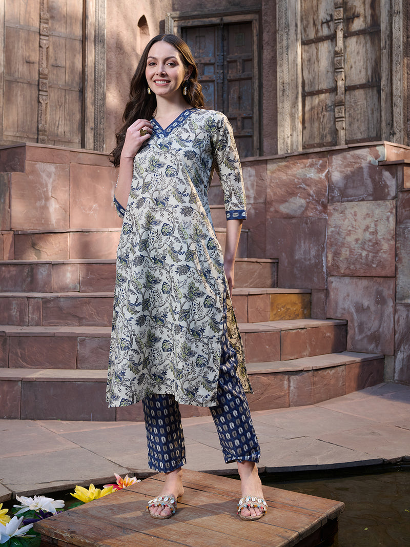 Stylum Women's Blue Ethnic Printed Cotton Blend Straight Kurta Pant Dupatta Set (KPDBLUENATU)