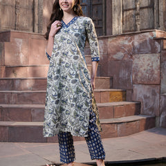 Stylum Women's Blue Ethnic Printed Cotton Blend Straight Kurta Pant Dupatta Set (KPDBLUENATU)