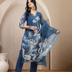 Stylum Women's Blue Floral Printed Chanderi Silk Straight Kurta Pant Dupatta Set (KPDBLUEOKHLA)