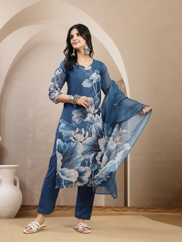 Stylum Women's Blue Floral Printed Chanderi Silk Straight Kurta Pant Dupatta Set (KPDBLUEOKHLA)
