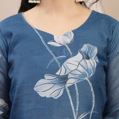 Stylum Women's Blue Floral Printed Chanderi Silk Straight Kurta Pant Dupatta Set (KPDBLUEOKHLA)