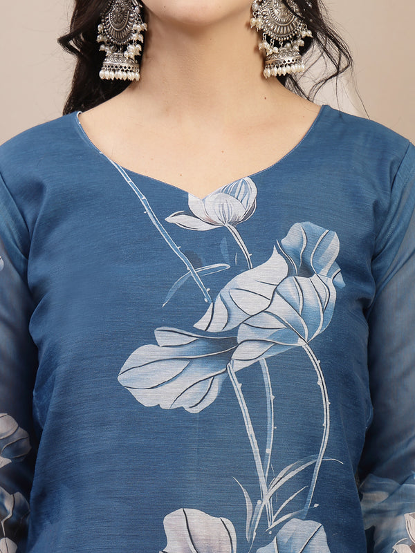 Stylum Women's Blue Floral Printed Chanderi Silk Straight Kurta Pant Dupatta Set (KPDBLUEOKHLA)