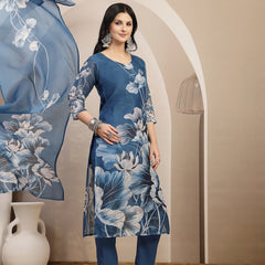 Stylum Women's Blue Floral Printed Chanderi Silk Straight Kurta Pant Dupatta Set (KPDBLUEOKHLA)