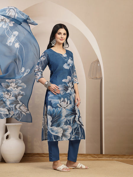 Stylum Women's Blue Floral Printed Chanderi Silk Straight Kurta Pant Dupatta Set (KPDBLUEOKHLA)