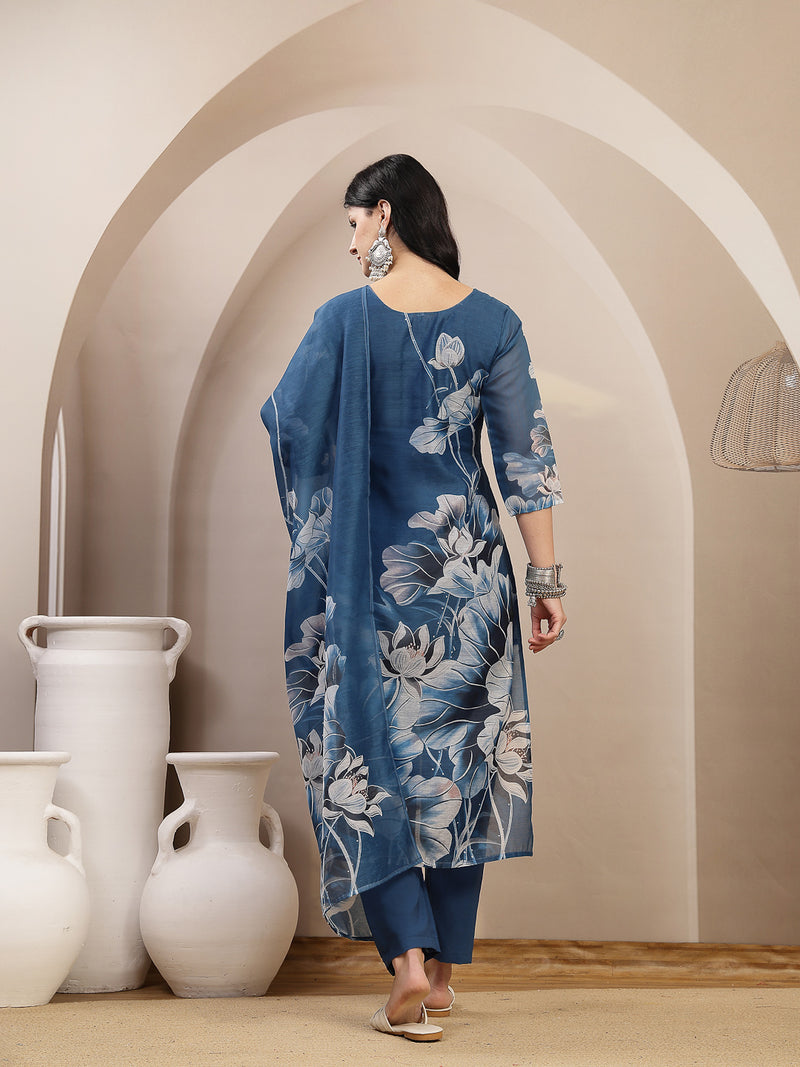 Stylum Women's Blue Floral Printed Chanderi Silk Straight Kurta Pant Dupatta Set (KPDBLUEOKHLA)