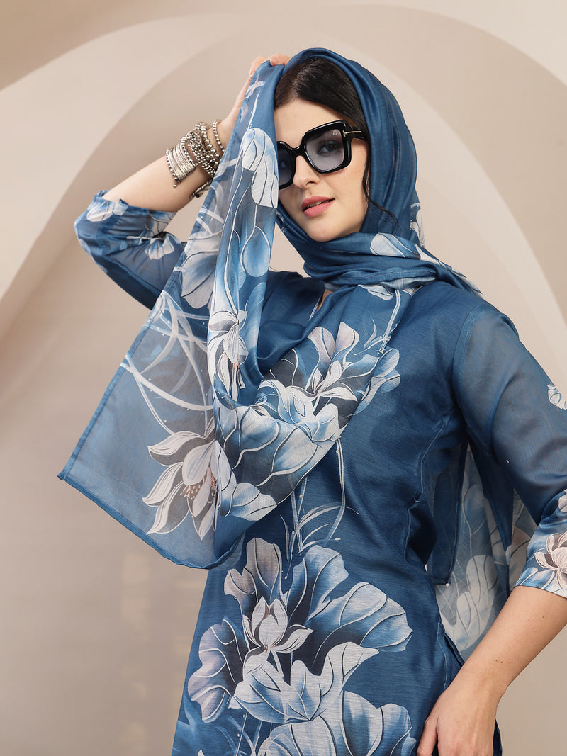 Stylum Women's Blue Floral Printed Chanderi Silk Straight Kurta Pant Dupatta Set (KPDBLUEOKHLA)