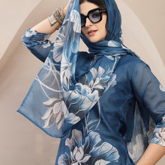 Stylum Women's Blue Floral Printed Chanderi Silk Straight Kurta Pant Dupatta Set (KPDBLUEOKHLA)