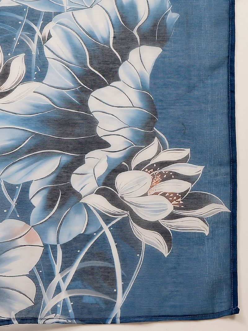 Stylum Women's Blue Floral Printed Chanderi Silk Straight Kurta Pant Dupatta Set (KPDBLUEOKHLA)