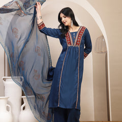 Stylum Women's Blue Solid Rayon A-Line Kurta Palazzo Dupatta Set (KPDBLUEOMNI)