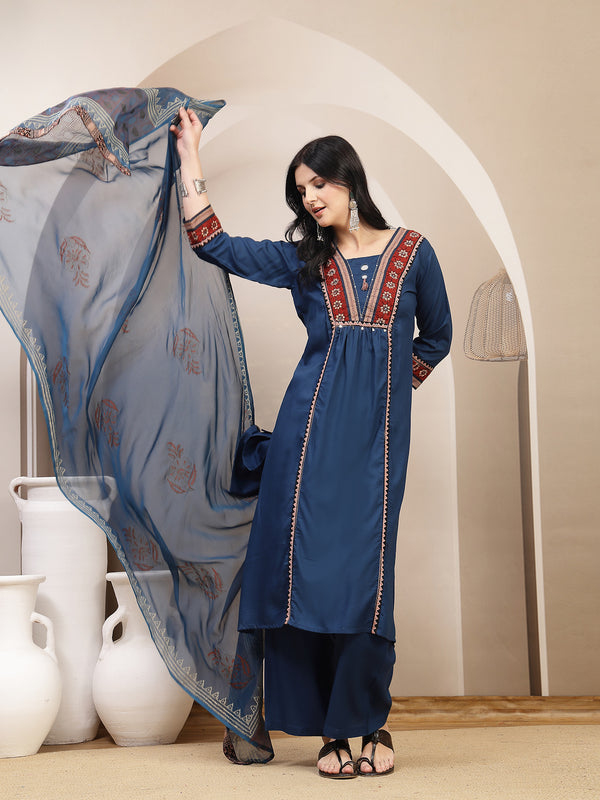 Stylum Women's Blue Solid Rayon A-Line Kurta Palazzo Dupatta Set (KPDBLUEOMNI)