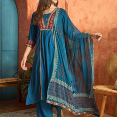 Stylum Women's Blue Solid Rayon A-Line Kurta Palazzo Dupatta Set (KPDBLUEOMNI)