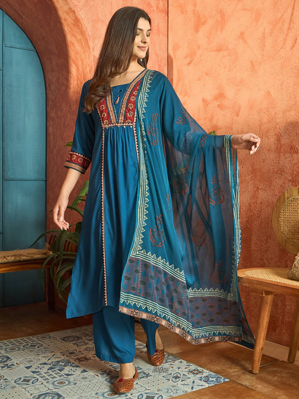 Stylum Women's Blue Solid Rayon A-Line Kurta Palazzo Dupatta Set (KPDBLUEOMNI)