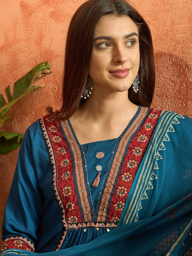 Stylum Women's Blue Solid Rayon A-Line Kurta Palazzo Dupatta Set (KPDBLUEOMNI)