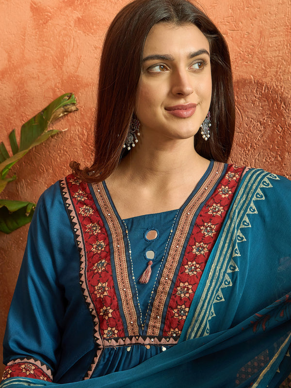 Stylum Women's Blue Solid Rayon A-Line Kurta Palazzo Dupatta Set (KPDBLUEOMNI)