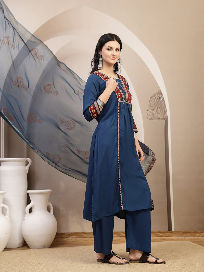 Stylum Women's Blue Solid Rayon A-Line Kurta Palazzo Dupatta Set (KPDBLUEOMNI)