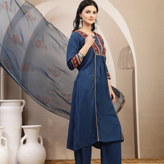 Stylum Women's Blue Solid Rayon A-Line Kurta Palazzo Dupatta Set (KPDBLUEOMNI)