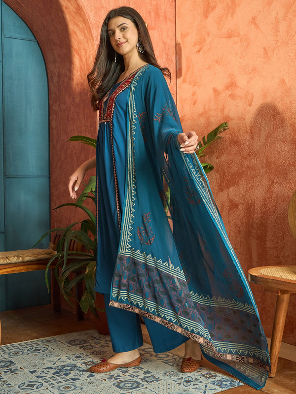 Stylum Women's Blue Solid Rayon A-Line Kurta Palazzo Dupatta Set (KPDBLUEOMNI)