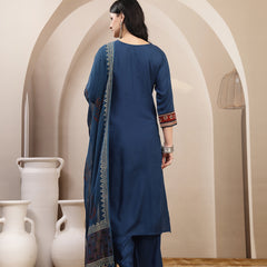 Stylum Women's Blue Solid Rayon A-Line Kurta Palazzo Dupatta Set (KPDBLUEOMNI)
