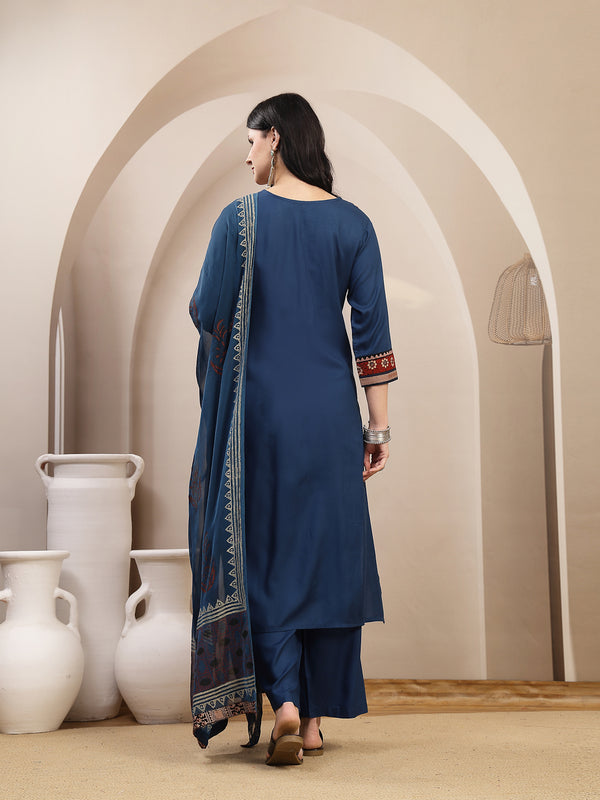 Stylum Women's Blue Solid Rayon A-Line Kurta Palazzo Dupatta Set (KPDBLUEOMNI)