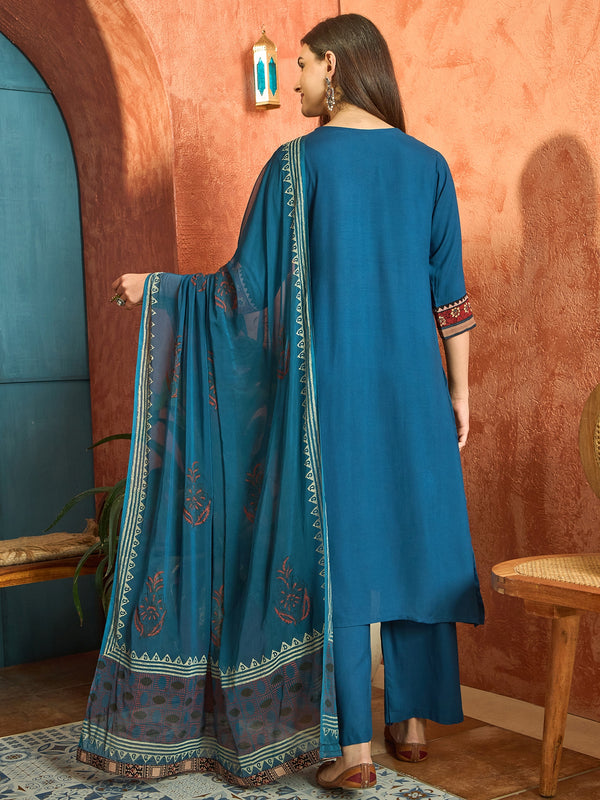 Stylum Women's Blue Solid Rayon A-Line Kurta Palazzo Dupatta Set (KPDBLUEOMNI)