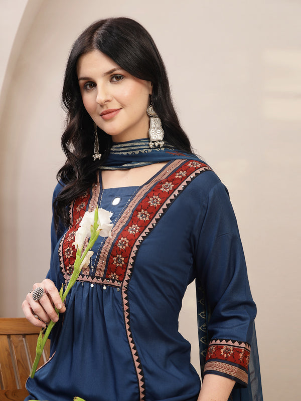 Stylum Women's Blue Solid Rayon A-Line Kurta Palazzo Dupatta Set (KPDBLUEOMNI)