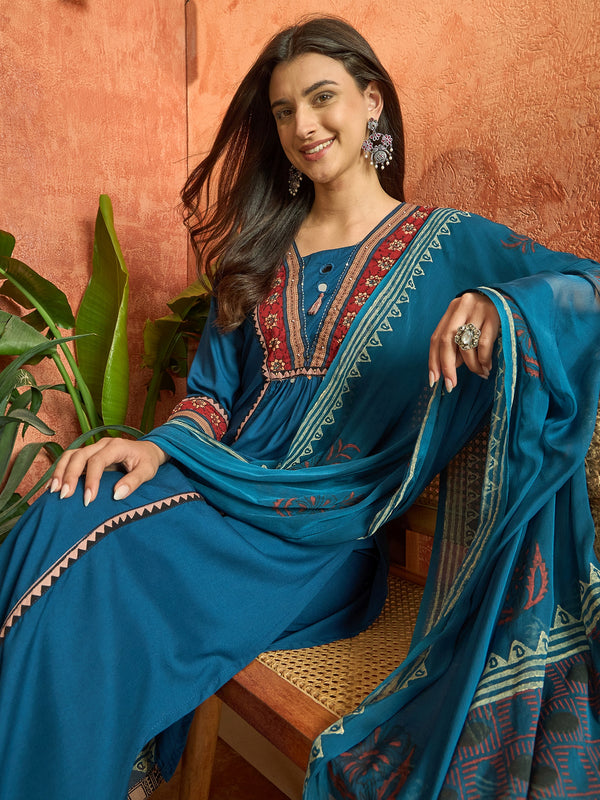 Stylum Women's Blue Solid Rayon A-Line Kurta Palazzo Dupatta Set (KPDBLUEOMNI)