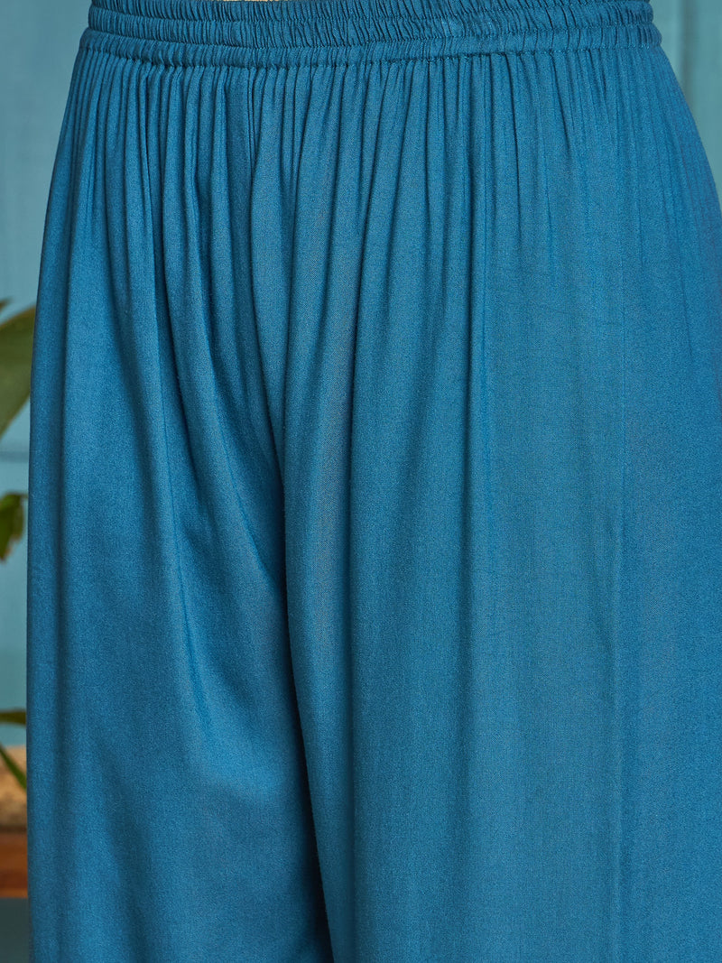 Stylum Women's Blue Solid Rayon A-Line Kurta Palazzo Dupatta Set (KPDBLUEOMNI)