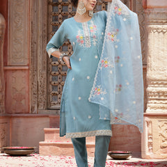 Stylum Women's Blue Embroidered Silk Blend Straight Kurta Pant Dupatta Set (KPDBLUEPALKI)