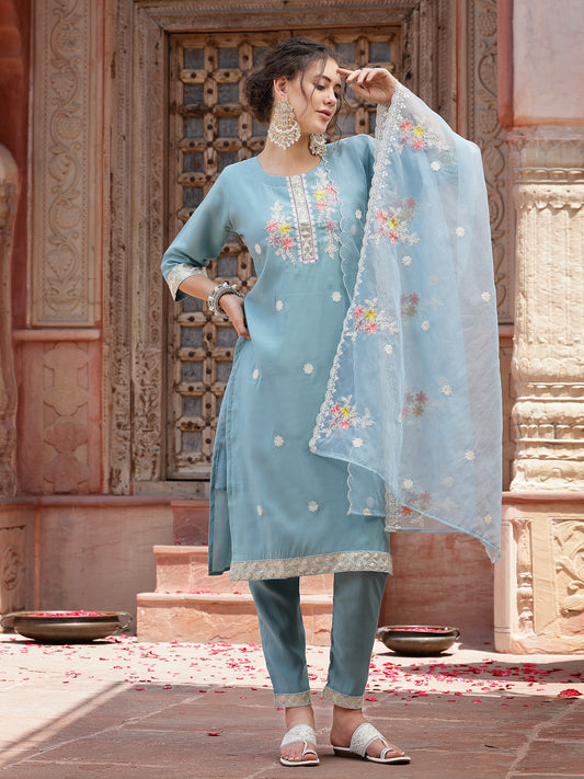 Stylum Women's Blue Embroidered Silk Blend Straight Kurta Pant Dupatta Set (KPDBLUEPALKI)