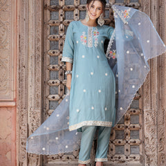 Stylum Women's Blue Embroidered Silk Blend Straight Kurta Pant Dupatta Set (KPDBLUEPALKI)