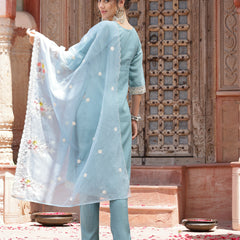 Stylum Women's Blue Embroidered Silk Blend Straight Kurta Pant Dupatta Set (KPDBLUEPALKI)