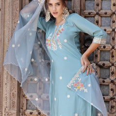 Stylum Women's Blue Embroidered Silk Blend Straight Kurta Pant Dupatta Set (KPDBLUEPALKI)