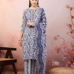 Stylum Women's Blue Printed Cotton Straight Kurta Pant Dupatta Set (KPDBLUEPATU)