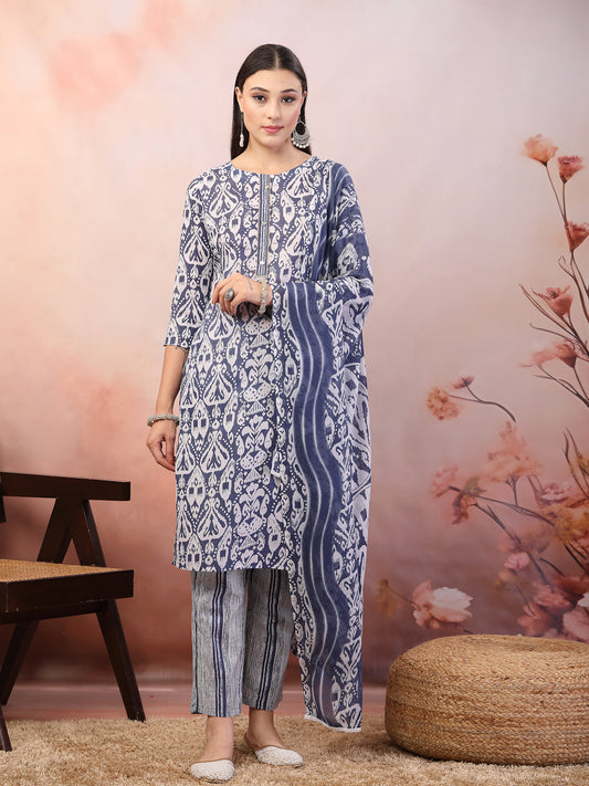 Stylum Women's Blue Printed Cotton Straight Kurta Pant Dupatta Set (KPDBLUEPATU)