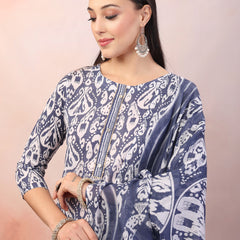 Stylum Women's Blue Printed Cotton Straight Kurta Pant Dupatta Set (KPDBLUEPATU)