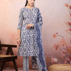 Stylum Women's Blue Printed Cotton Straight Kurta Pant Dupatta Set (KPDBLUEPATU)