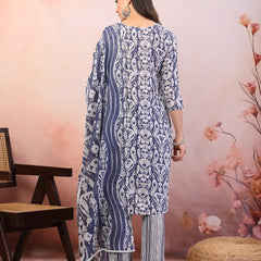 Stylum Women's Blue Printed Cotton Straight Kurta Pant Dupatta Set (KPDBLUEPATU)