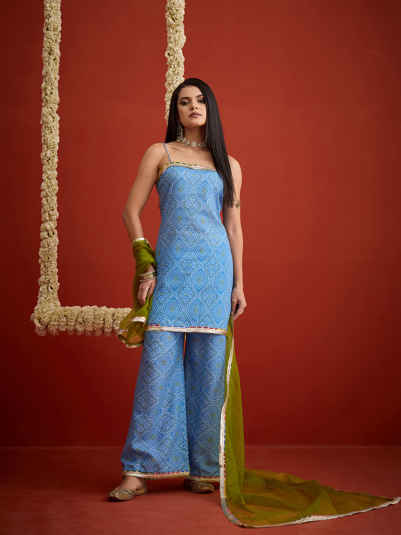 Stylum Women's Blue Bandhej Printed Cotton Straight Kurti Palazzo & Organza Dupatta Set (KPDBLUEPEDRO)