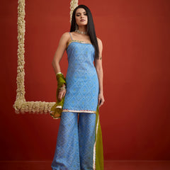 Stylum Women's Blue Bandhej Printed Cotton Straight Kurti Palazzo & Organza Dupatta Set (KPDBLUEPEDRO)