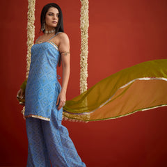 Stylum Women's Blue Bandhej Printed Cotton Straight Kurti Palazzo & Organza Dupatta Set (KPDBLUEPEDRO)