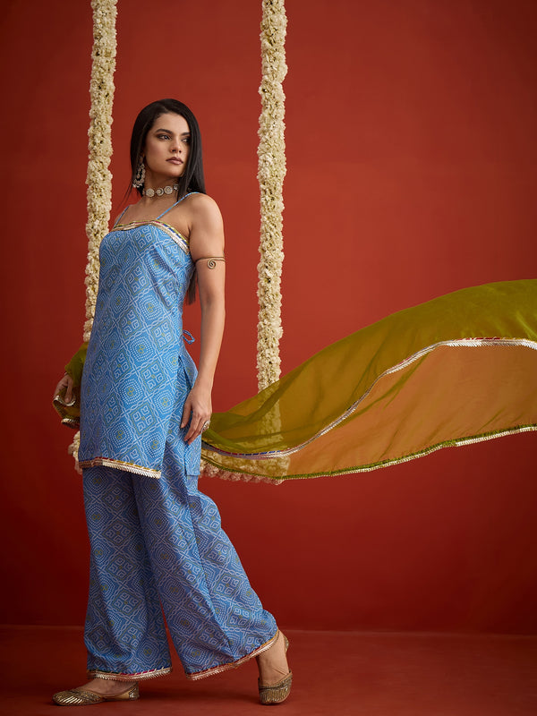 Stylum Women's Blue Bandhej Printed Cotton Straight Kurti Palazzo & Organza Dupatta Set (KPDBLUEPEDRO)