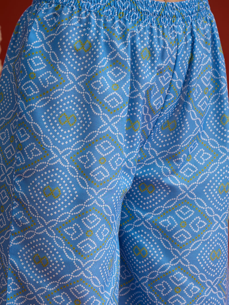 Stylum Women's Blue Bandhej Printed Cotton Straight Kurti Palazzo & Organza Dupatta Set (KPDBLUEPEDRO)