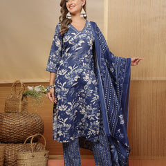 Stylum Women's Blue Floral Printed Cotton Blend Straight Kurta Pant Dupatta Set (KPDBLUEPHUGLI)