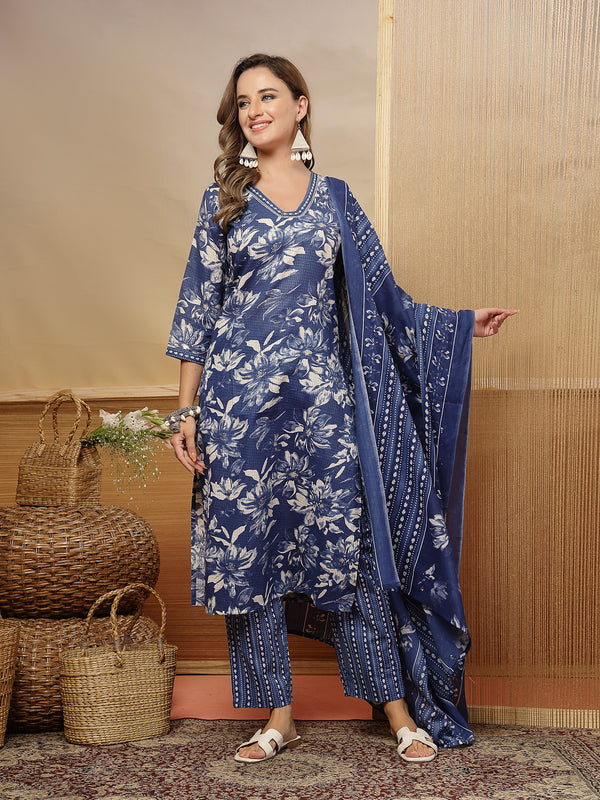 Stylum Women's Blue Floral Printed Cotton Blend Straight Kurta Pant Dupatta Set (KPDBLUEPHUGLI)