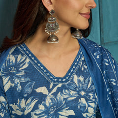 Stylum Women's Blue Floral Printed Cotton Blend Straight Kurta Pant Dupatta Set (KPDBLUEPHUGLI)