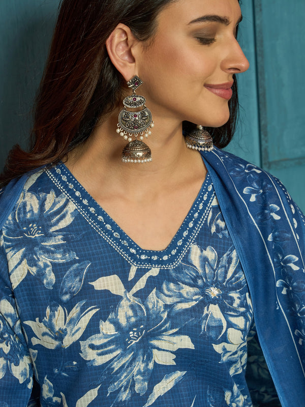 Stylum Women's Blue Floral Printed Cotton Blend Straight Kurta Pant Dupatta Set (KPDBLUEPHUGLI)